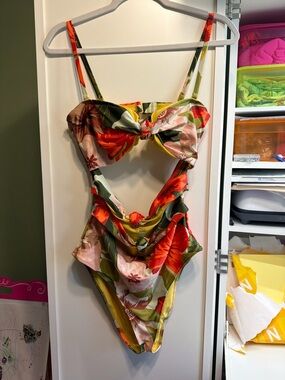 aerie Floral Cutout One-Piece Swimsuit in Red, Green, Pink, Yellow